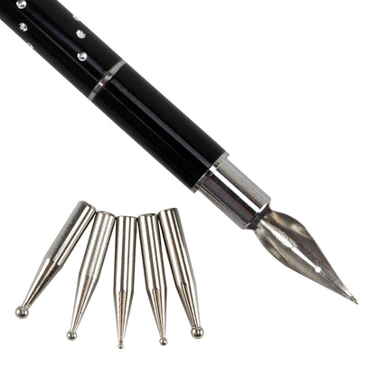 Combination Dip Pen and Ball Tip Pen

Two tools in one. Interchangeable tips turn this hand tool from a dip pen to a ball tip tool. You can enamel, draw, write, or carve with the dip pen or use the ball tips to shape and carve out a design. Use as a ball burnisher too! This tool comes with one dip pen end and 5 different sized ball tips.&nbsp;