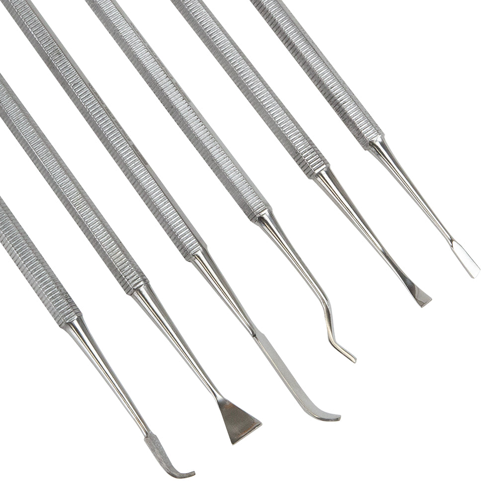 Set of 6 stainless steel carving tools with sharp edges. Fabulous shapes for cleaning inside tight spots and carving and sculpting metal clay both wet and dry. Comfortable to hold. A dream to use with leather hard metal. Each tool is 7" long.