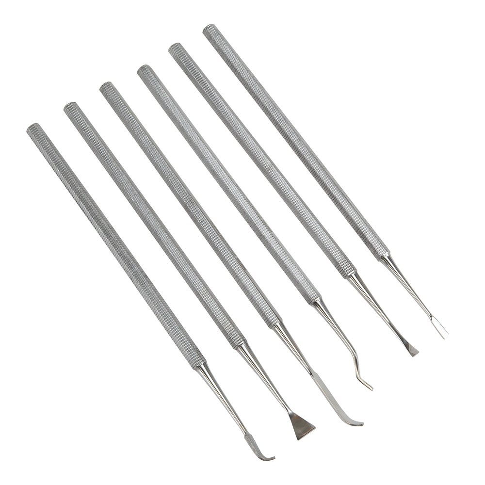 Set of 6 stainless steel carving tools with sharp edges. Fabulous shapes for cleaning inside tight spots and carving and sculpting metal clay both wet and dry. Comfortable to hold. A dream to use with leather hard metal. Each tool is 7" long.