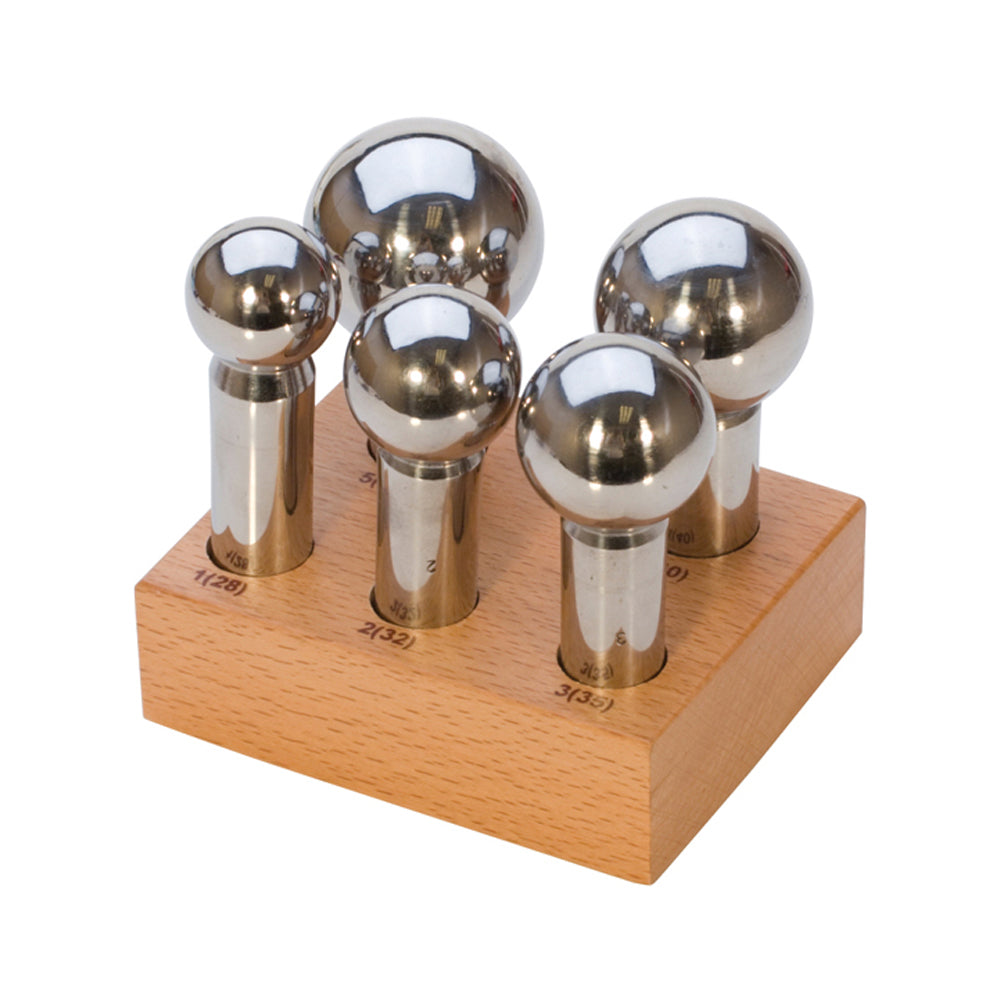 Dapping Punch Set - 5 Piece with Wooden Stand Premium quality, highly polished set of five large dapping punches in deluxe wood stand. Sizes include: 28, 32, 35, 40 and 45mm.