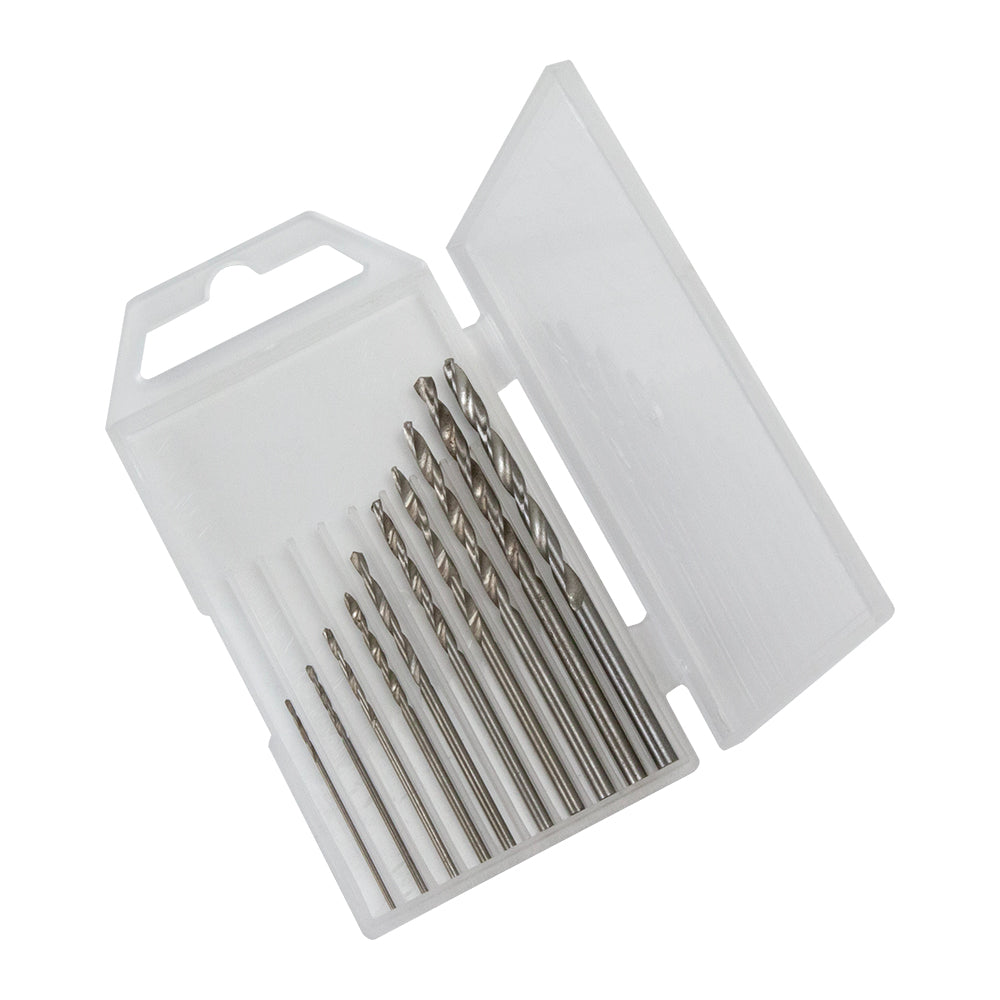 drill bits in caseSteel Micro Drill Bits Set - .8mm - 3mm These drill bits are made of steel and come in a handy plastic box to keep separated during storage. 