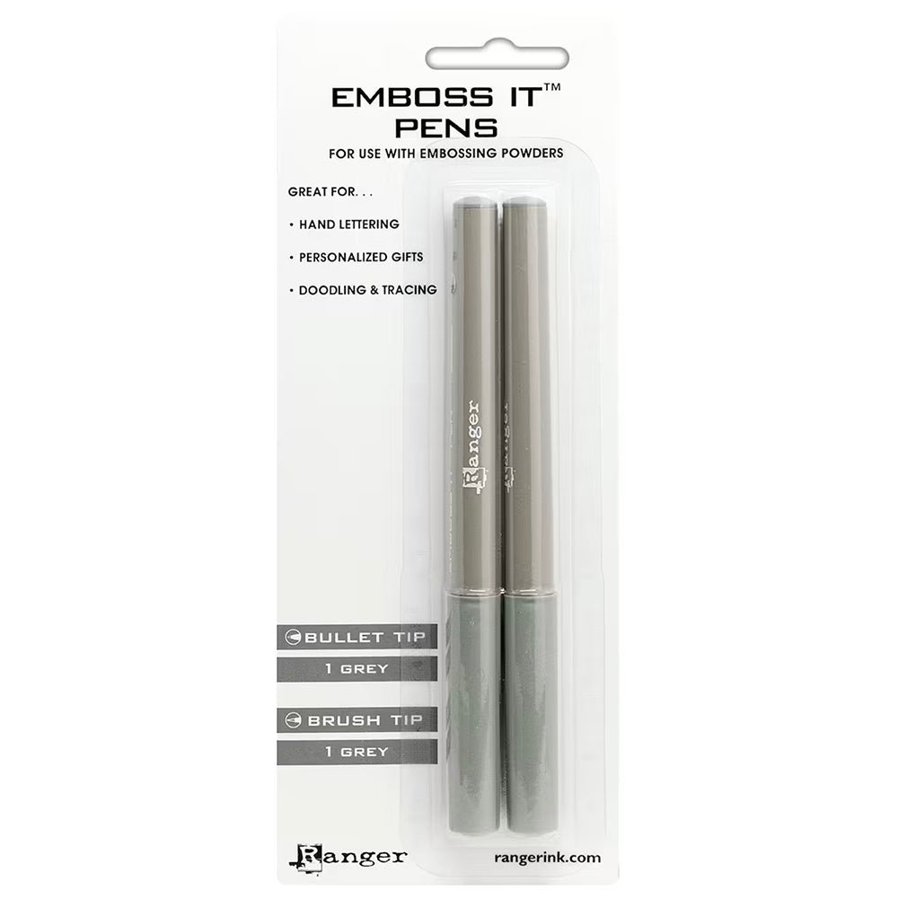 Emboss It Embossing Pens in package Emboss It Pens contain a specially formulated ink that works with Embossing Powders. The ink stays wet on paper to allow working time to create your design and add your choice of powder. Set includes 1 black and 1 clear bullet tip pen.