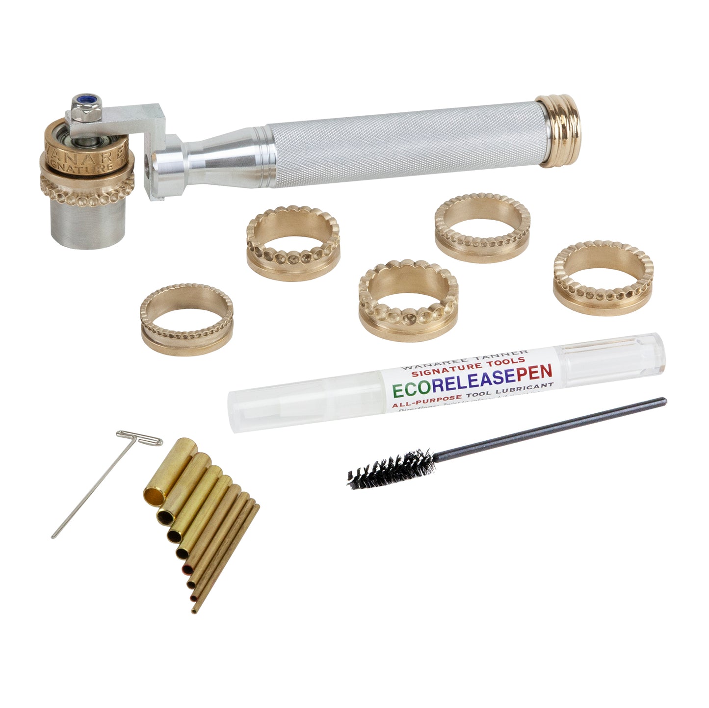 Wanaree Tanner Die Cut Rollers Set - Granulation Design Set

This complete die cut roller set is packaged with the entire collection of the "Granulation Strip Die Cut Rollers" including 2.0mm Granulation, 2.5mm Granulation, 3.0mm Granulation, 3.5 Granulation, 4.0 Granulation and 5.0 Granulation rollers. Also included is a Die Cut Roller Handle, 2.8ml Eco-Release Pen, an applicator brush and a Calibrated Cutters in a metal storage container featuring rolling card and reference guides.