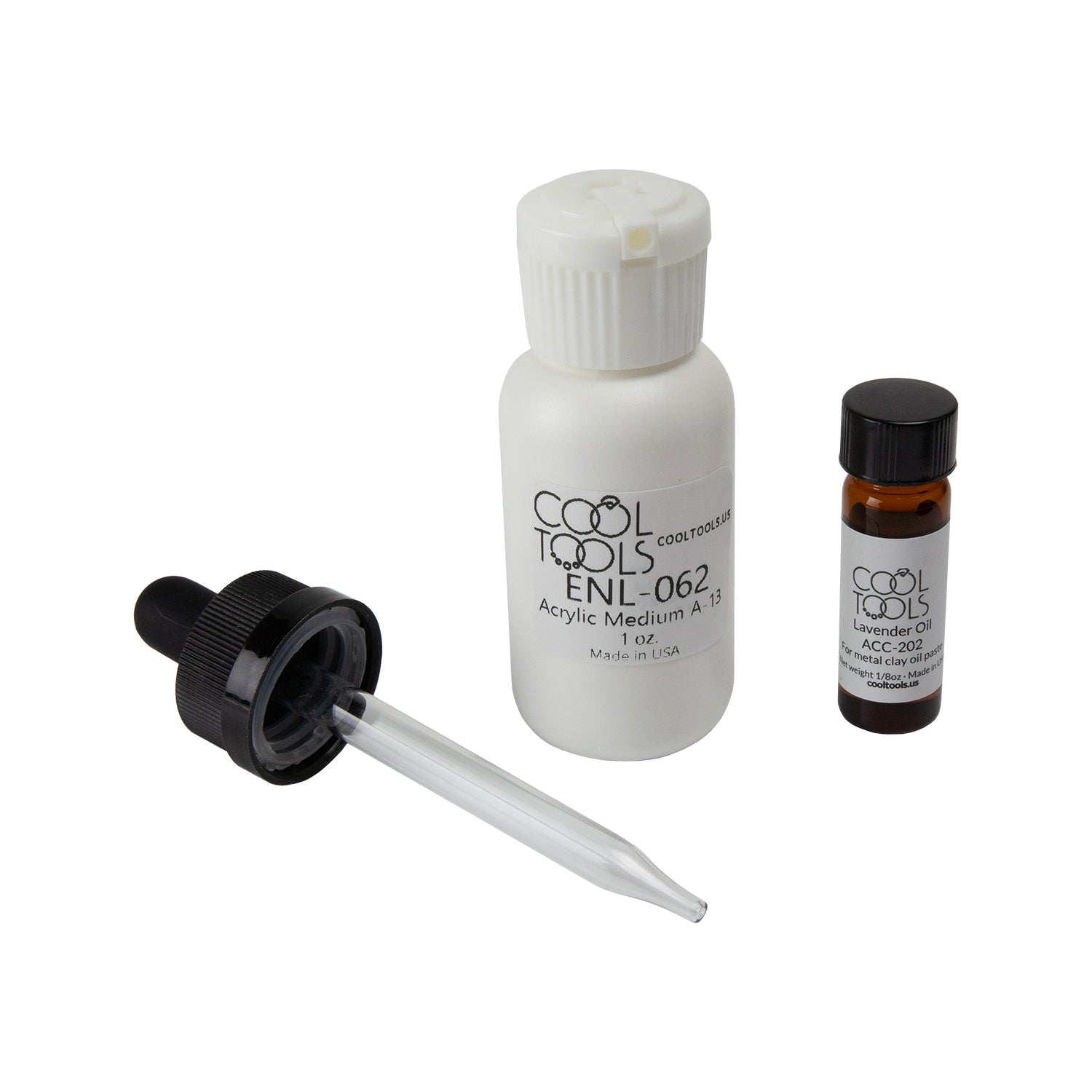 Acrylic Medium bottle with eye dropper and lavender oil bottle