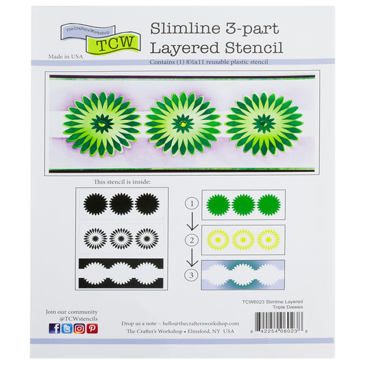 Design Stencil - Slimline Triple Daisies Enhance your enamel with our Design Stencils for Enameling. Stencil uses three different color layers to create spectacular designs.  Add flair and dimension to your enamel creations. Easy to clean and reuse! Emboss clay to create texture. Stencil is 8-1/2" x 11"