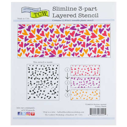 Design Stencil - Slimline Groovy Hearts Enhance your enamel with our Design Stencils for Enameling. Stencil uses three different color layers to create spectacular designs.  Add flair and dimension to your enamel creations. Easy to clean and reuse! Emboss clay to create texture. Stencil is 8-1/2" x 11"