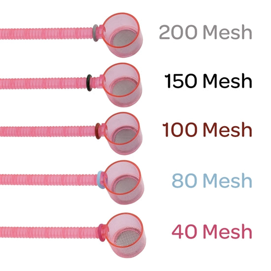 Colored ring on handle tells you what mesh you are using at a glance: Grey 200 mesh, Black 150 mesh, Red 100 mesh, Blue 80 mesh, Pink 40 mesh