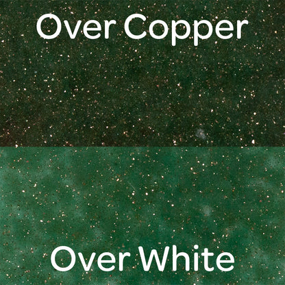 Pearly’s Enamel Green with Golden Glitter  sample over copper and white