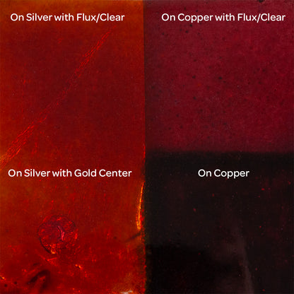 Pearly’s Enamel Transparent Ruby - 1 oz four samples: On Silver with Flux/Clear, On copper with flux/clear, on silver with gold center, on copper 
