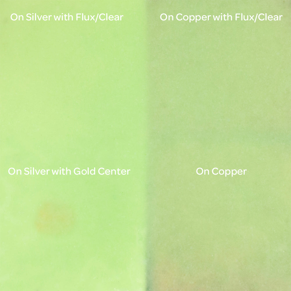 Pearly’s Enamel Translucent Spring Green - 1 oz four samples: on silver with flux/clrear, on copper with flux/clear, on silver with gold center, on copper