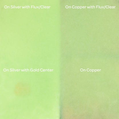 Pearly’s Enamel Translucent Spring Green - 1 oz four samples: on silver with flux/clrear, on copper with flux/clear, on silver with gold center, on copper