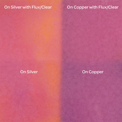 Pearly’s Enamel Translucent Bubblegum - 1 oz four samples: on silver with flux/clear, on copper with flux/clear, on silver, on copper