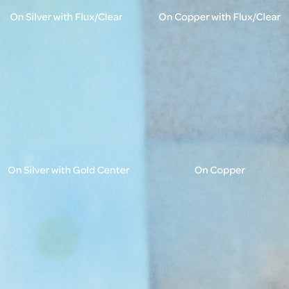 Pearly’s Enamel Translucent Arctic Blue - 1 oz four samples: on silver with flux/clear, on copper with flux/clear, on silver with gold center, on copper