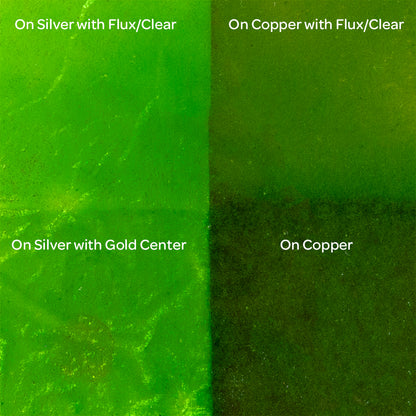 Pearly’s Enamel Transparent Green Bean - 1 oz four samples: on silver with flux/clear, on copper with flux/clear, on silver with gold center, on copper