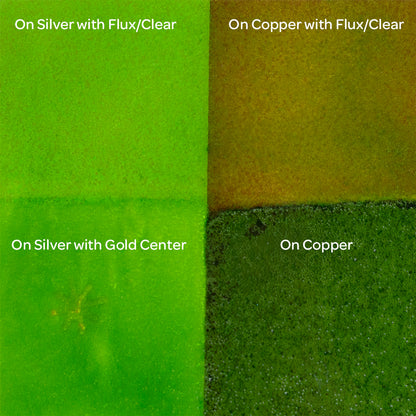 Pearly’s Enamel Transparent Light Green - 1 oz four samples: on silver with flux/clear, on copper with flux/clear, on silver with gold center, on copper