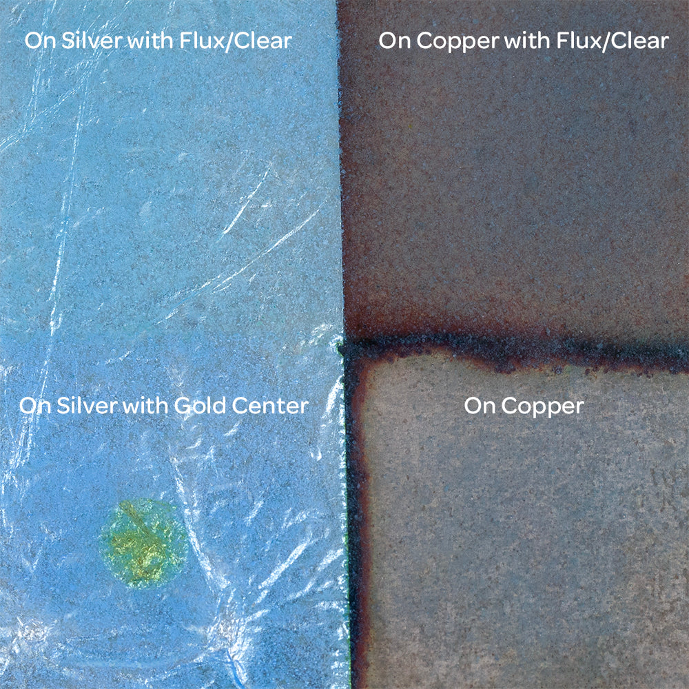 Pearly’s Enamel Transparent Light Sky Blue - 1 oz four samples: on silver with flux/clear, on copper with flux/clear, on silver with gold center, on copper