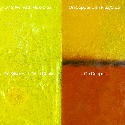 Pearly’s Enamel Transparent Cyber Yellow - 1 oz four samples: on silver with flux/clear, on copper with flux/clear, on silver with gold center, on copper