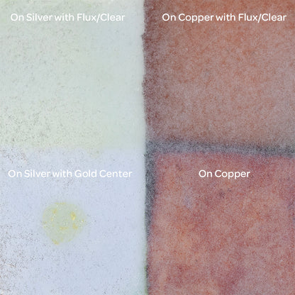 Pearly’s Enamel Transparent Grey Stone - 1 oz four sample: on silver with flux/clear, on copper with flux/clear, on silver with gold center, on copper