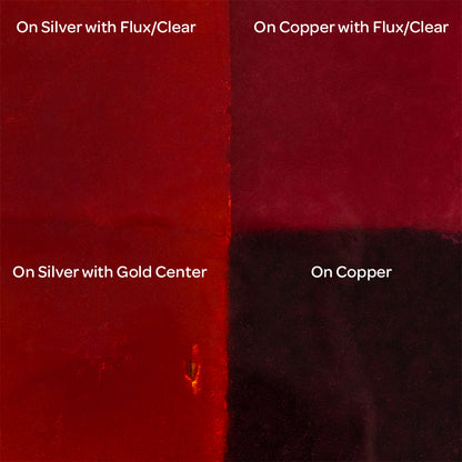 Pearly’s Enamel Transparent Raspberry - 1 oz four samples: on silver with flux/clear, on copper with flux/clear, on silver with gold center, on copper
