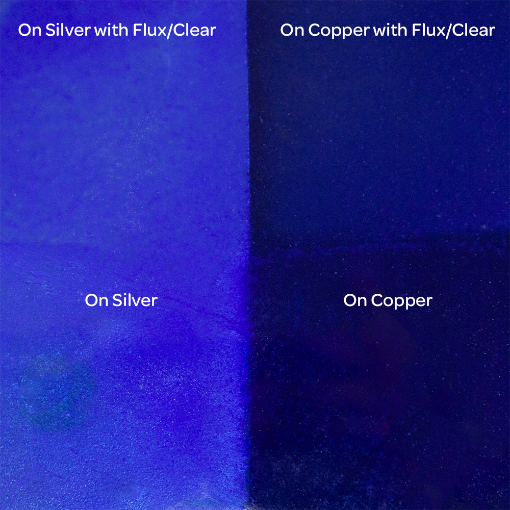 Pearly’s Enamel Transparent Precious Blue - 1 oz four samples: on silver with flux/clear, on copper with flux/clear, on silver, on copper