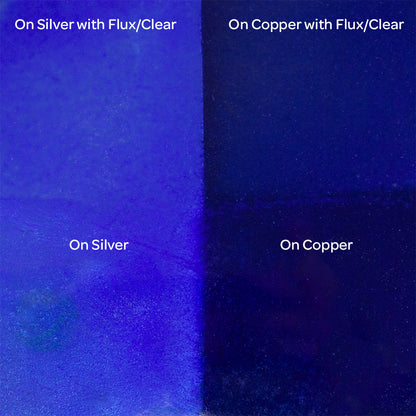 Pearly’s Enamel Transparent Precious Blue - 1 oz four samples: on silver with flux/clear, on copper with flux/clear, on silver, on copper