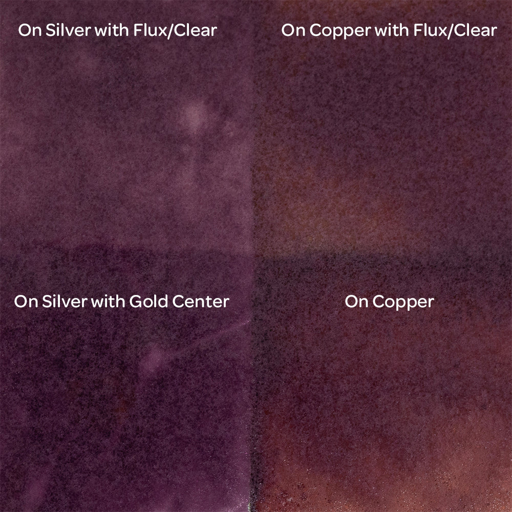 Pearly’s Enamel Transparent Deep Purple - 1 oz four samples: on silver with flux/clear, on copper with flux/clear, on silver with gold center, on copper