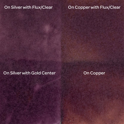 Pearly’s Enamel Transparent Deep Purple - 1 oz four samples: on silver with flux/clear, on copper with flux/clear, on silver with gold center, on copper
