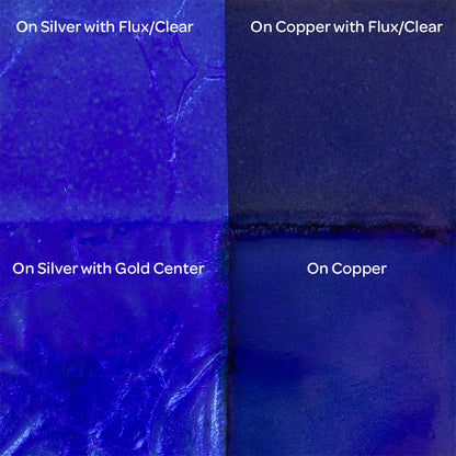 Pearly’s Enamel Transparent Electric Blue - 1 oz four samples: on silver with flux/clear, on copper with flux/clear, on silver with gold center, on copper