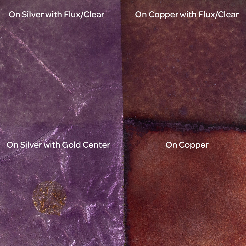 Pearly’s Enamel Transparent Flower Purple - 1 oz four samples: on silver with flux/clear, on copper with flux/clear, on silver with gold center, on copper