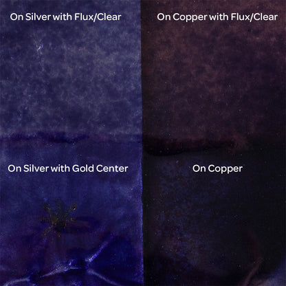 Pearly’s Enamel Transparent Deep Purple Blue - 1 oz four samples: on silver with flux/clear, on copper with flux/clear, on silver with gold center, on copper