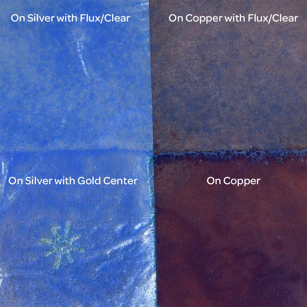 Pearly’s Enamel Transparent Bright Blue - 1 oz four samples: on silver with flux/clear, on copper with flux/clear, on silver with gold center, on copper