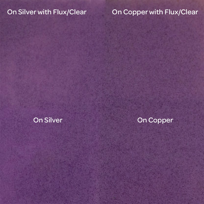 Pearly’s Enamel Translucent Purple - 1 oz four samples: on silver with flux/clear, on copper with flux/clear, on silver, on copper