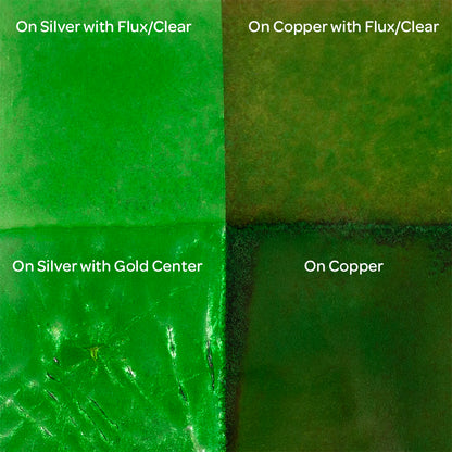 Pearly’s Enamel Transparent Dark Silver Green - 1 oz four samples: on silver with flux/clear, on copper with flux/clear, on silver with gold center, on copper