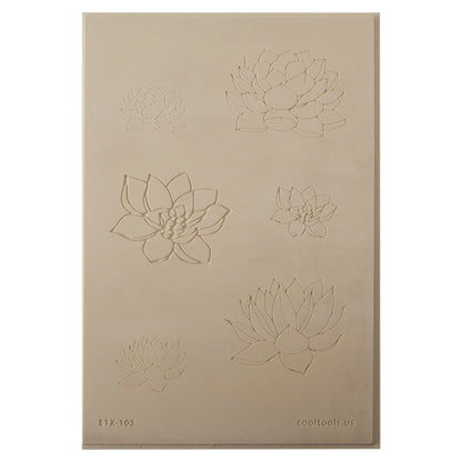 Jewelry Artist Elements - Texture - Lotus

Second picture shown is an element of the texture in clay.

Embossed elements. Impress clay, then use a Jewelry Shape Template for the shape or cut out with a needle tool. Jewelry Artist Elements are flexible, washable and can be used with any soft clay. Spritz with CoolSlip or dust on Dry Powder Release for stick-free impressions when using metal clay and polymer clay.

These beautiful texture sheets feature designs that are perfect for making many different jewel