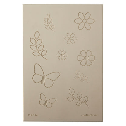 Jewelry Artist Elements - Texture - Flying and Floral 2

Second picture shown is an element of the texture in clay.

Embossed elements. Impress clay, then use a Jewelry Shape Template for the shape or cut out with a needle tool. Jewelry Artist Elements are flexible, washable and can be used with any soft clay. Spritz with CoolSlip or dust on Dry Powder Release for stick-free impressions when using metal clay and polymer clay.

These beautiful texture sheets feature designs that are perfect for making many d