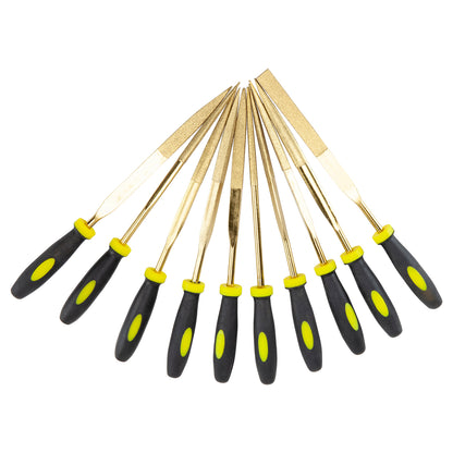 Diamond File Set 10 Piece Multi Shape

Each of these diamond needle files is 6" long with medium grit diamond electroplated onto high-grade stainless steel. The easy grip handles make finishing your greenware easy and fast. This set comes in a convenient package that you can hang to store which saves your valuable work space. Set includes: round, half-round, flat, three-square, and square.