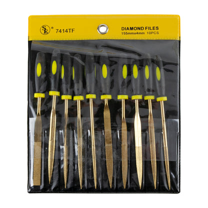 Diamond File Set 10 Piece Multi Shape

Each of these diamond needle files is 6" long with medium grit diamond electroplated onto high-grade stainless steel. The easy grip handles make finishing your greenware easy and fast. This set comes in a convenient package that you can hang to store which saves your valuable work space. Set includes: round, half-round, flat, three-square, and square.