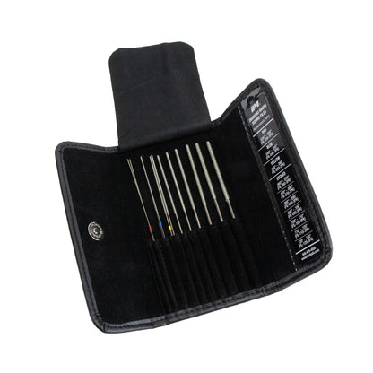 Diamond Micro Round Files - Set of 12

This 12-piece Super-Hard, Flexible and Diamond-Coated Round File set are specially designed for small spaces. This set comes in a premium quality holster with a magnetic clasp.

Note: Smaller shaft sizes have greater flexibility.

File Diameter Sizes:

.030" (2 files)
.040" (2 files)
.050"
.060"
.070"
.080"
.090"
.100"
.110"
.120"