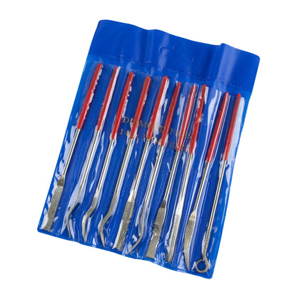 Steel Diamond File&nbsp; and Burnishing Tools - Set of 10

This 10-piece Super-Hard, Diamond-Coated File set is specially designed for burnishing and filing angles and hard to reach places. Multiple shapes means you will have a file for every nook and cranny.