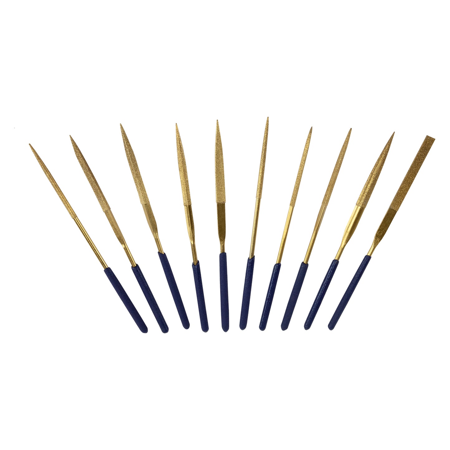 Carbon Steel Diamond Needle File Set of 10

Use this diamond file set to file metal or metal clay. Very fine diamond abrasive. Each file features a gripped handle for ease of use. With the variety of shapes, get into any nook and cranny. These files come in&nbsp; handy see through plastic case.&nbsp;