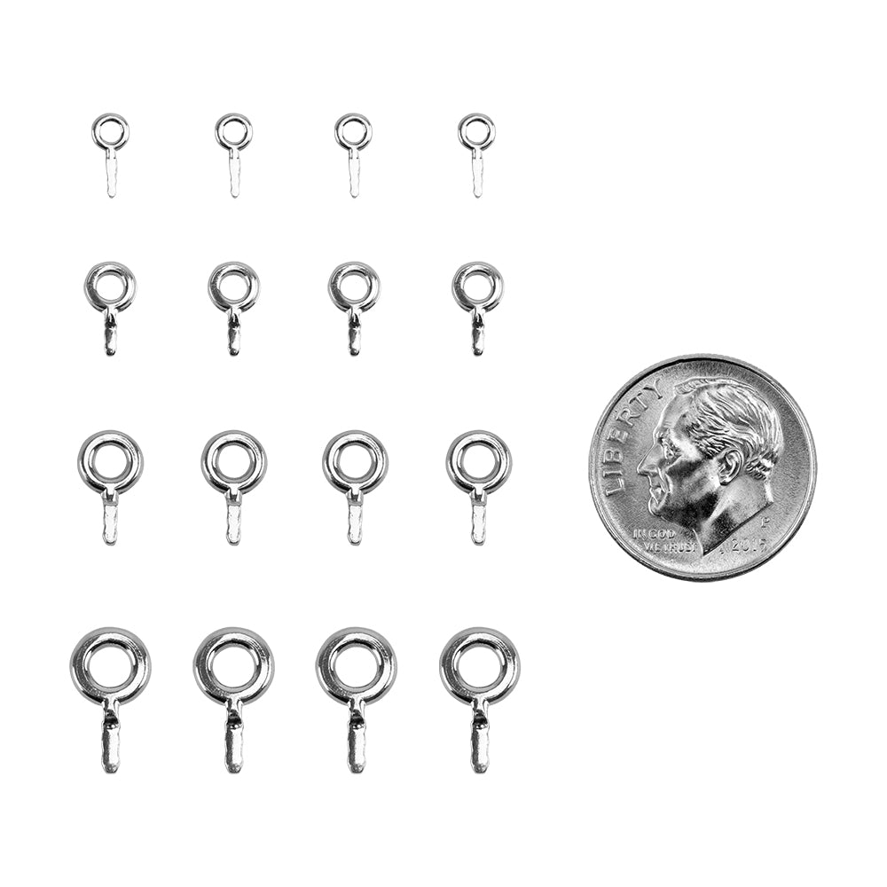 assortment of all sizes 3mm Fine Silver Embeddable Eyelet with Offset Tab along with dime