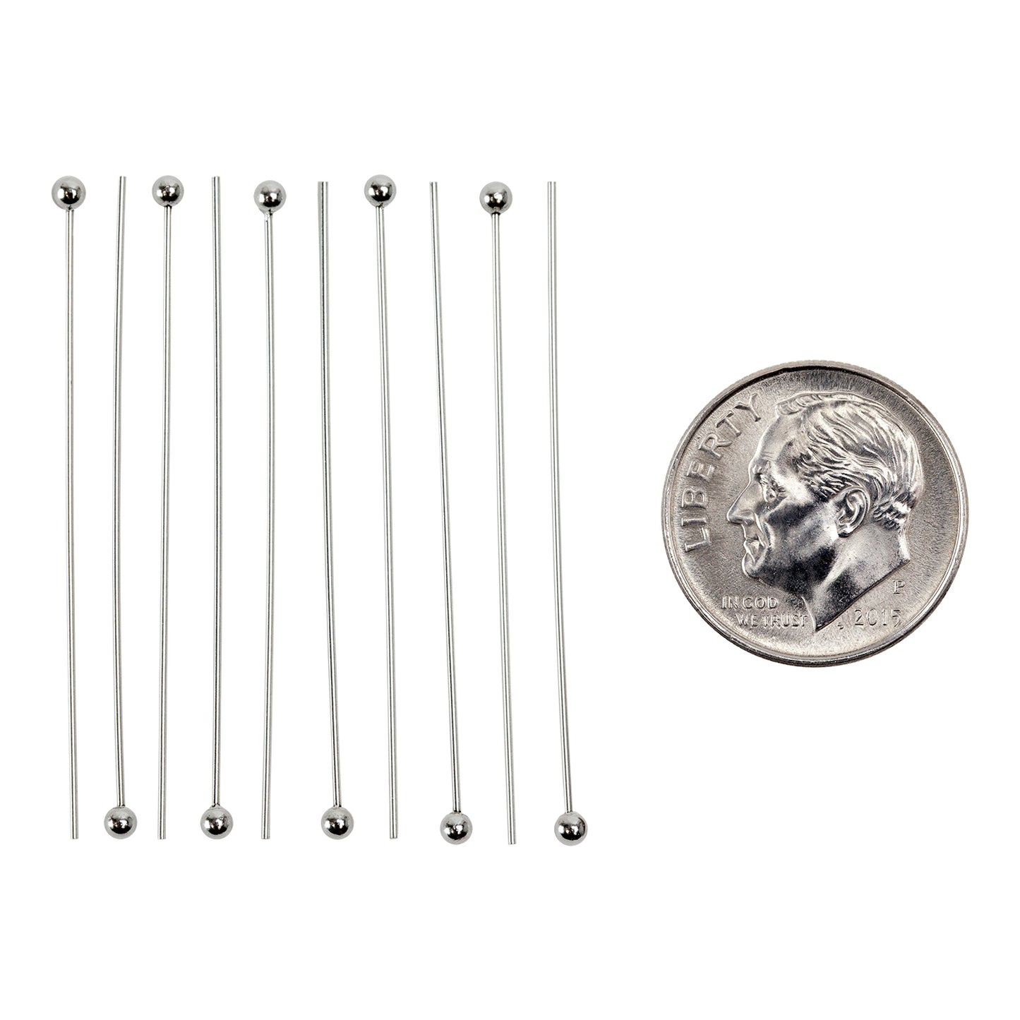 Sterling Silver 24 gauge Head Pin with 2mm Ball - 1-1/2inch - Pkg/10 with dime
