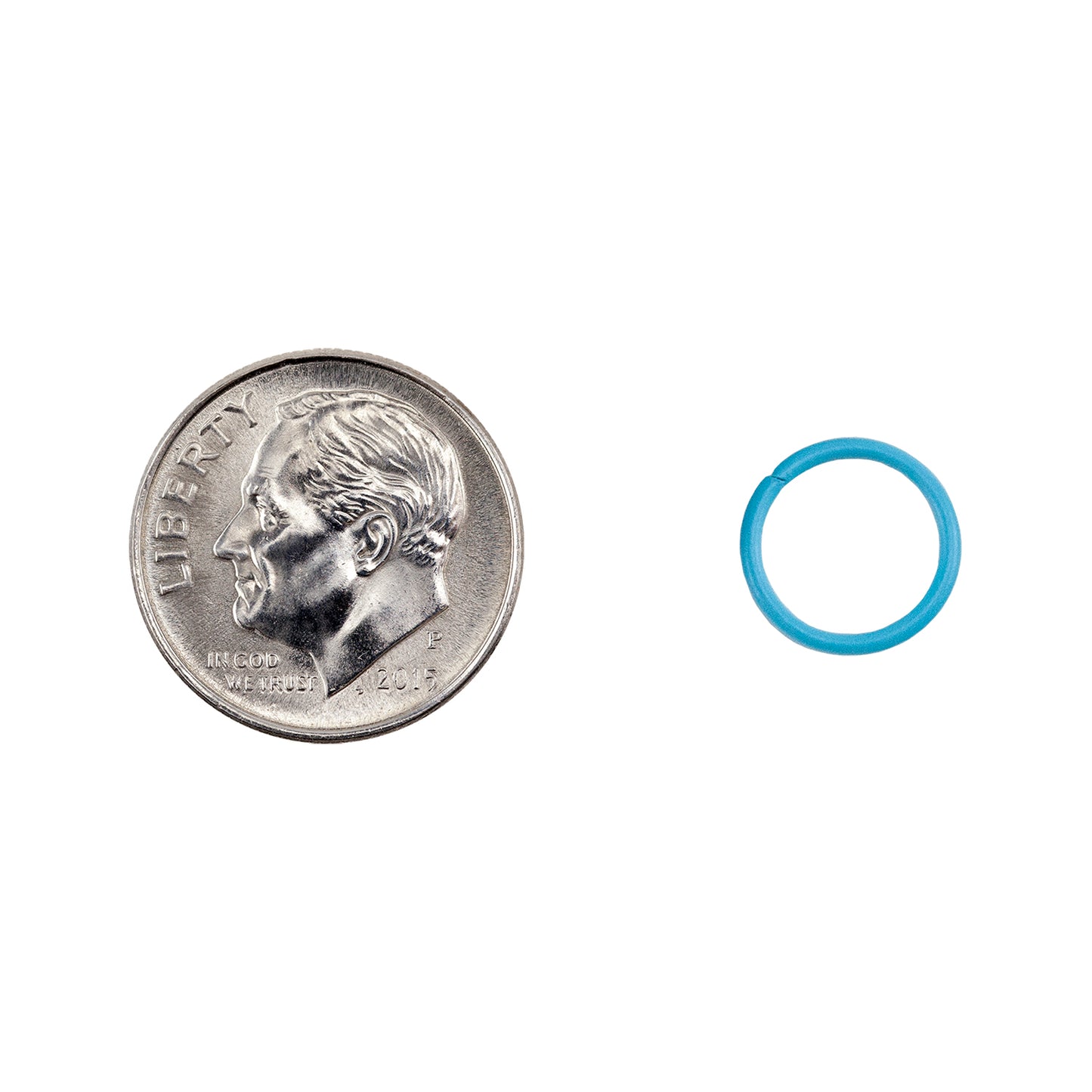 Colored Open Jump Rings - Sky Blue - Round 10mm 18 gauge - with dime