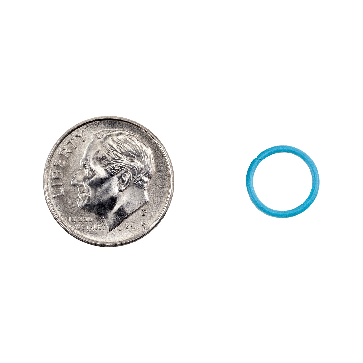 Colored Open Jump Rings - Sky Blue - Round 10mm 18 gauge - with dime
