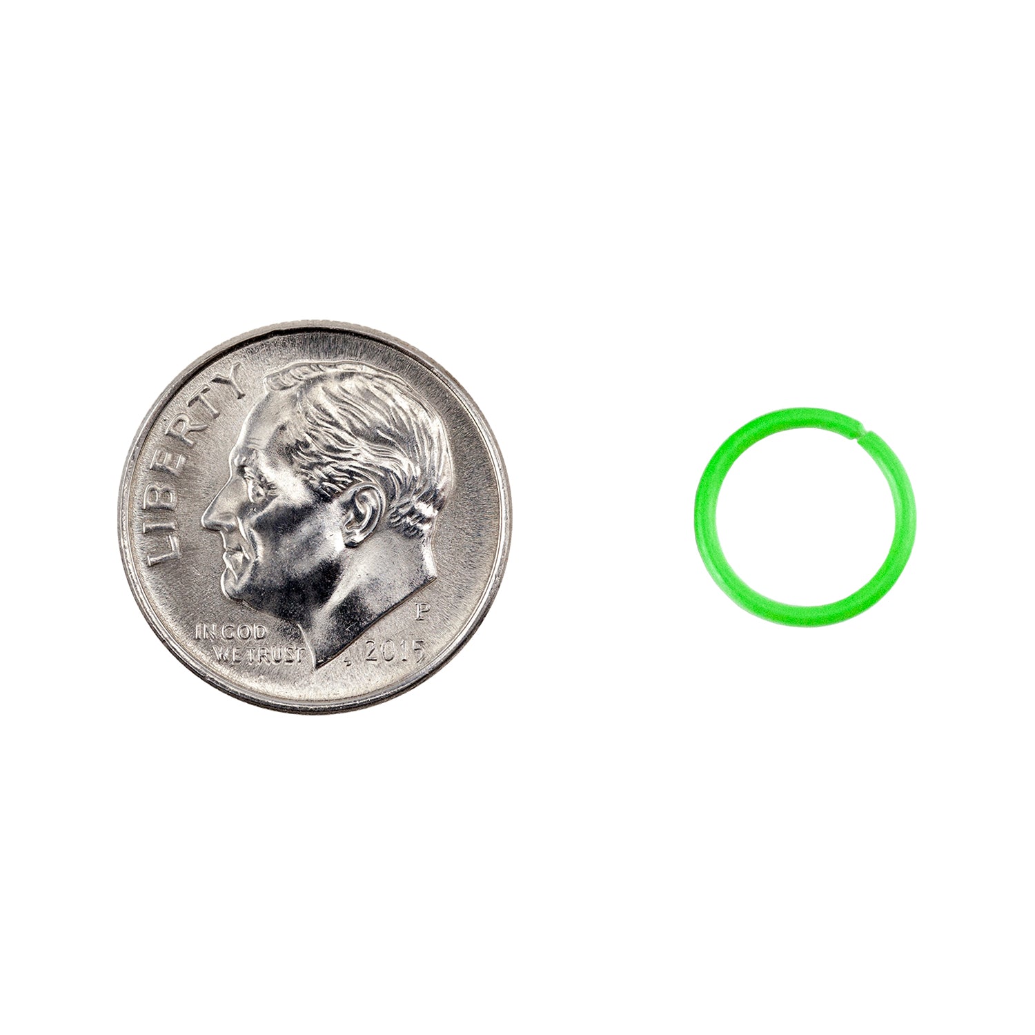 Colored Open Jump Rings - Lawn Green - Round 10mm 18 gauge - with dime