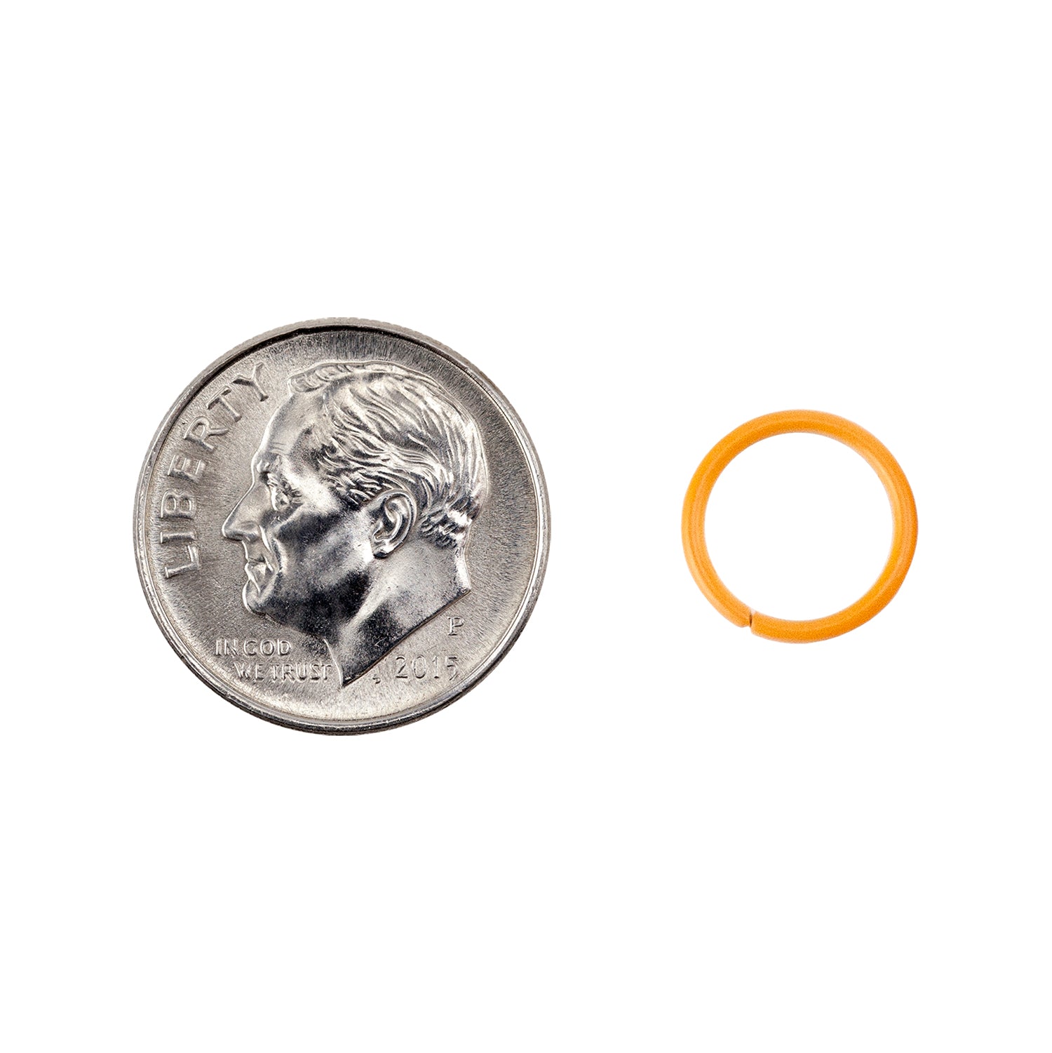 Colored Open Jump Rings - Orange - Round 10mm 18 gauge - with dime