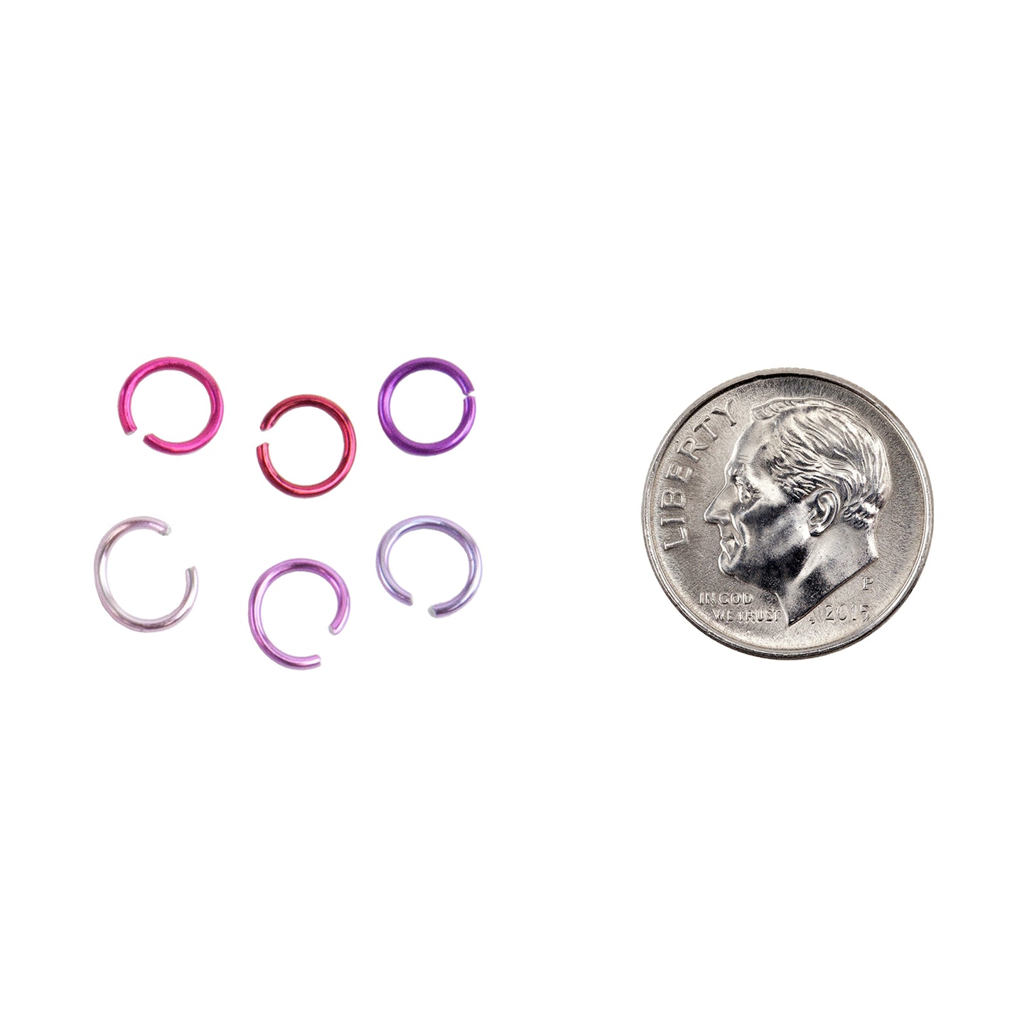 Colored Metal Open Jump Rings - Multi Color - Round 6mm 20 Gauge - with dime