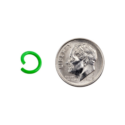 Colored Open Jump Rings - Lawn Green Color - Round 8mm 17 gauge - with dime