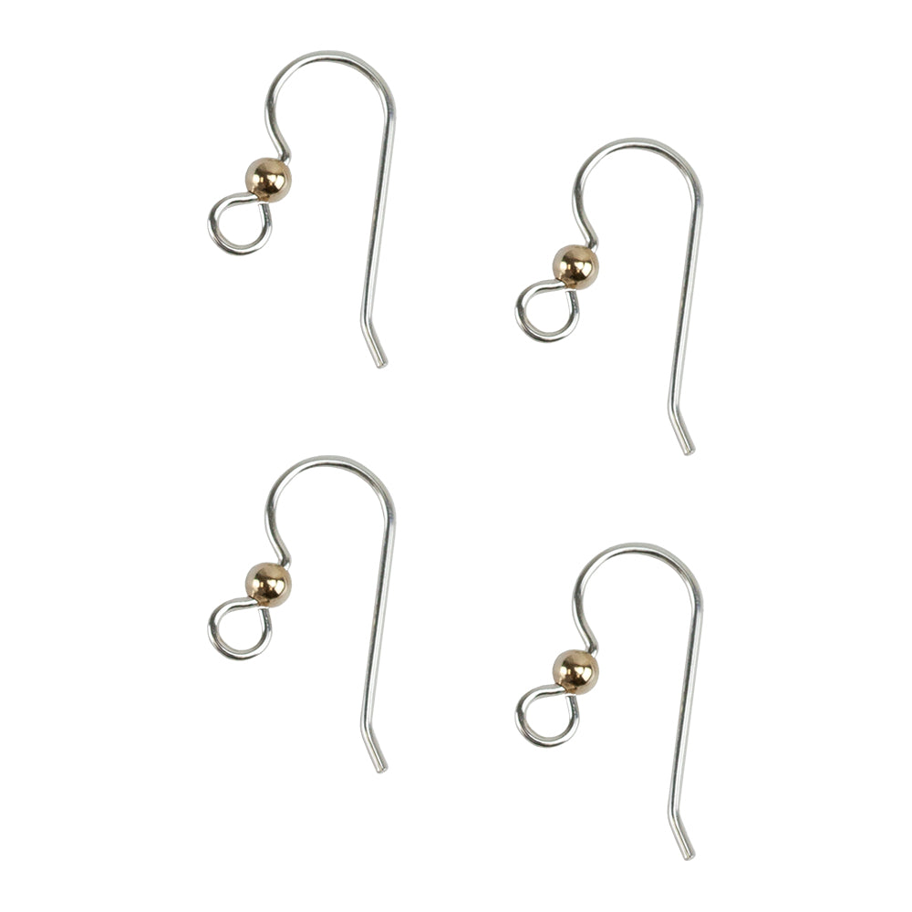 Sterling Silver Heavy Ear Wires with Loop and Yellow Gold-Filled Bead - 2 Pair