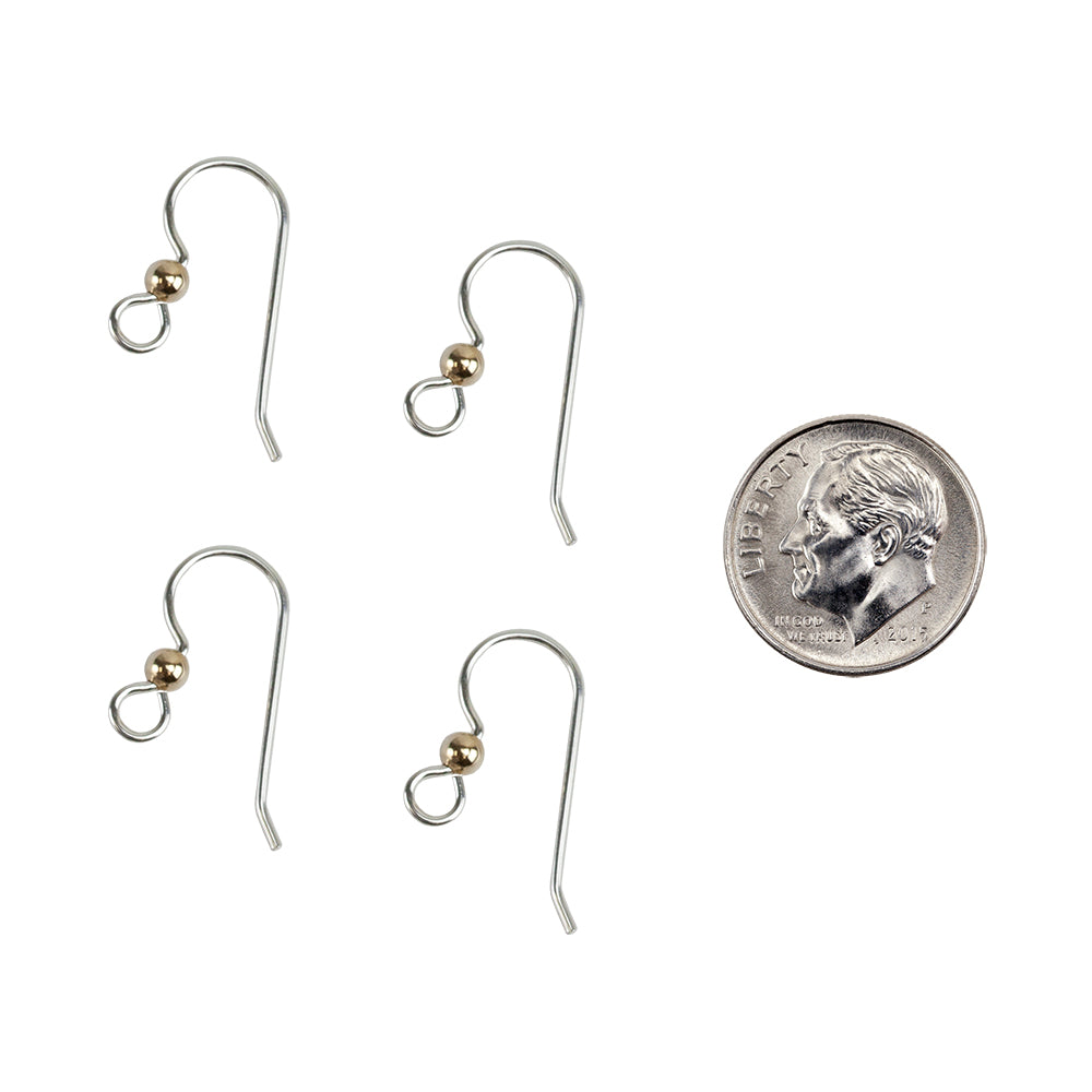 Sterling Silver Heavy Ear Wires with Loop and Yellow Gold-Filled Bead - 2 Pair with dime